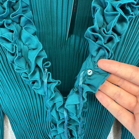 Susan Lucci Blouse Top Womens Medium Teal Green 100% Polyester Pleated Ruffled - Picture 3 of 15